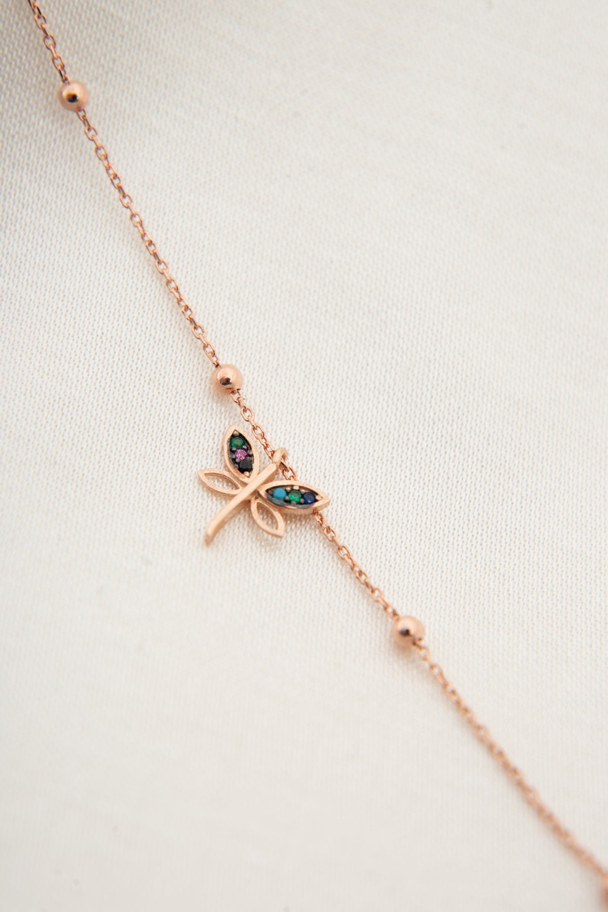 Wholesale Women's 925 Sterling Silver Dragonfly Anklet with Pink Coating, Ball Chain Detail, and Stone Detail