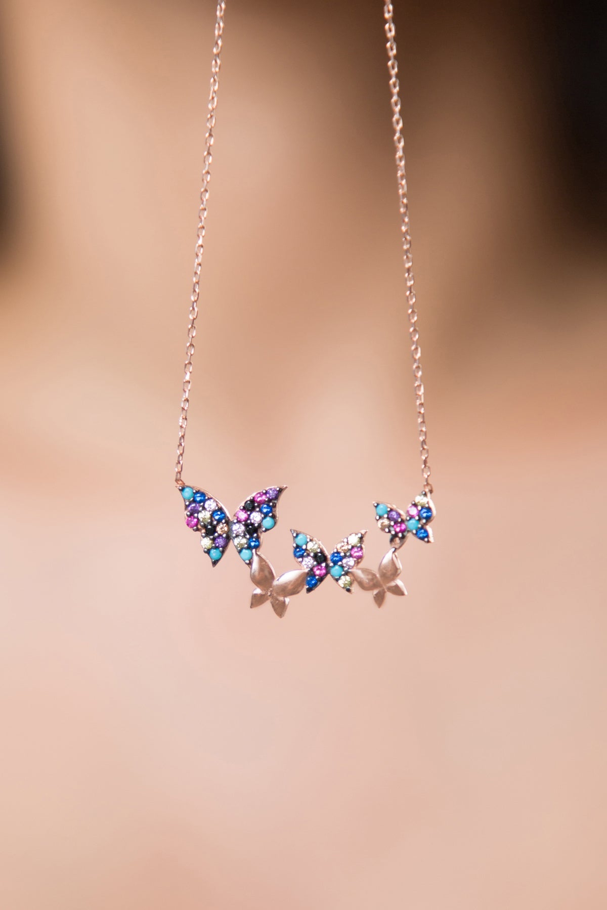 Collier papillon en argent sterling 925 plaqué or rose pour femme, vente en gros