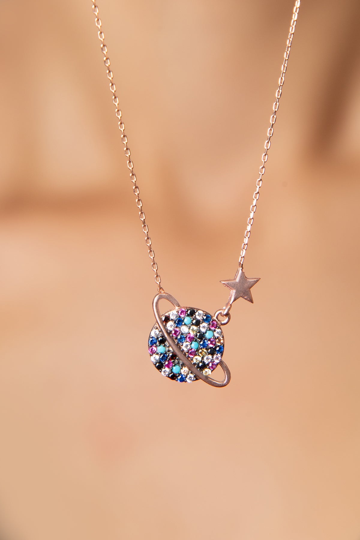 Wholesale Women's 925 Sterling Silver Rose Gold-Plated Planet Necklace with Colorful Stones