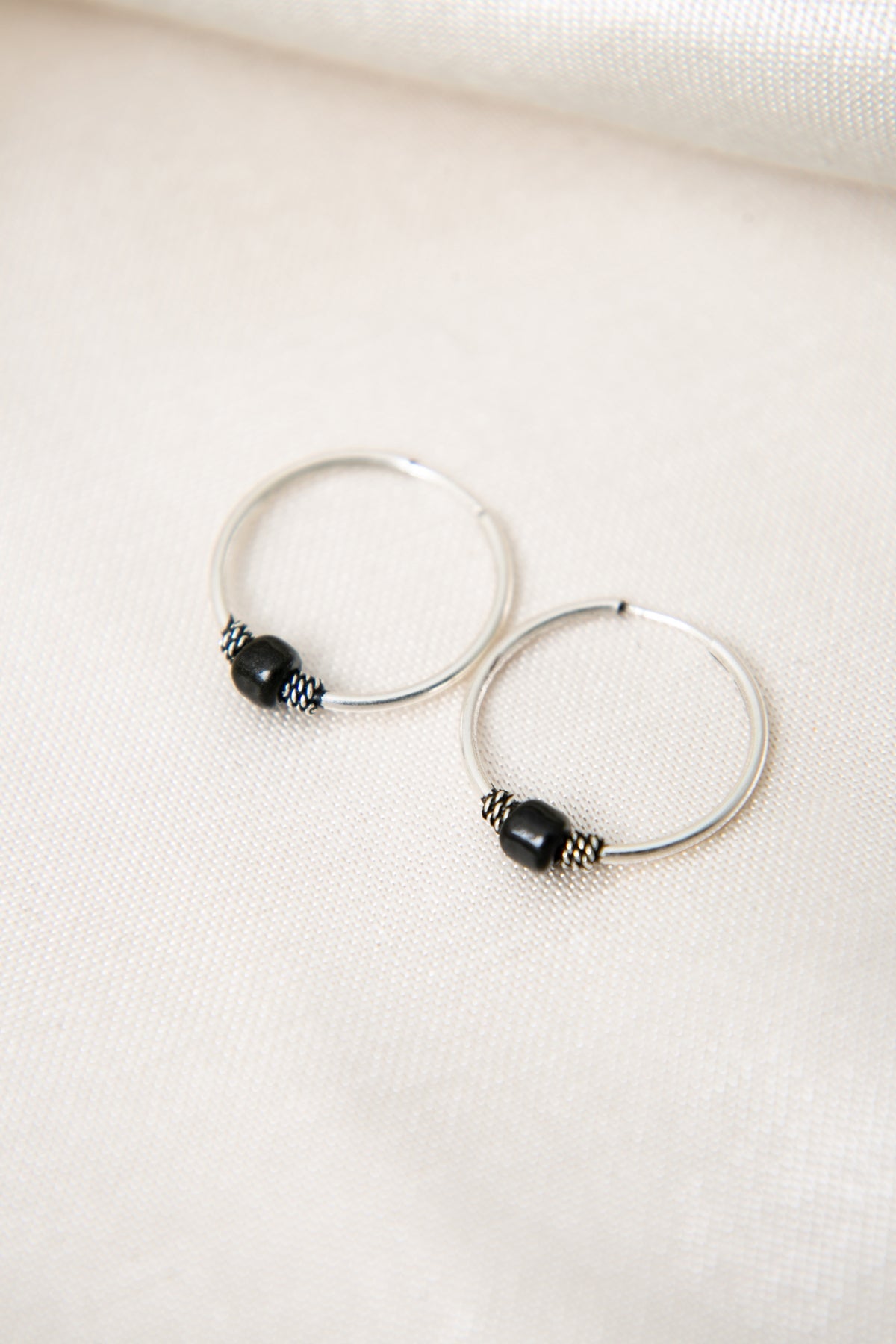 Wholesale Women's 925 Sterling Silver Hoop Earrings with Mini Black Stone Detail