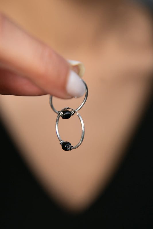 Wholesale Women's 925 Sterling Silver Hoop Earrings with Mini Black Stone Detail