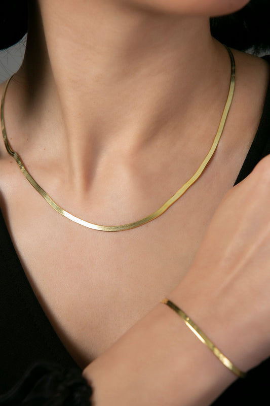 Wholesale Women's 925 Sterling Silver Italian Flat Chain Necklace and Bracelet Set