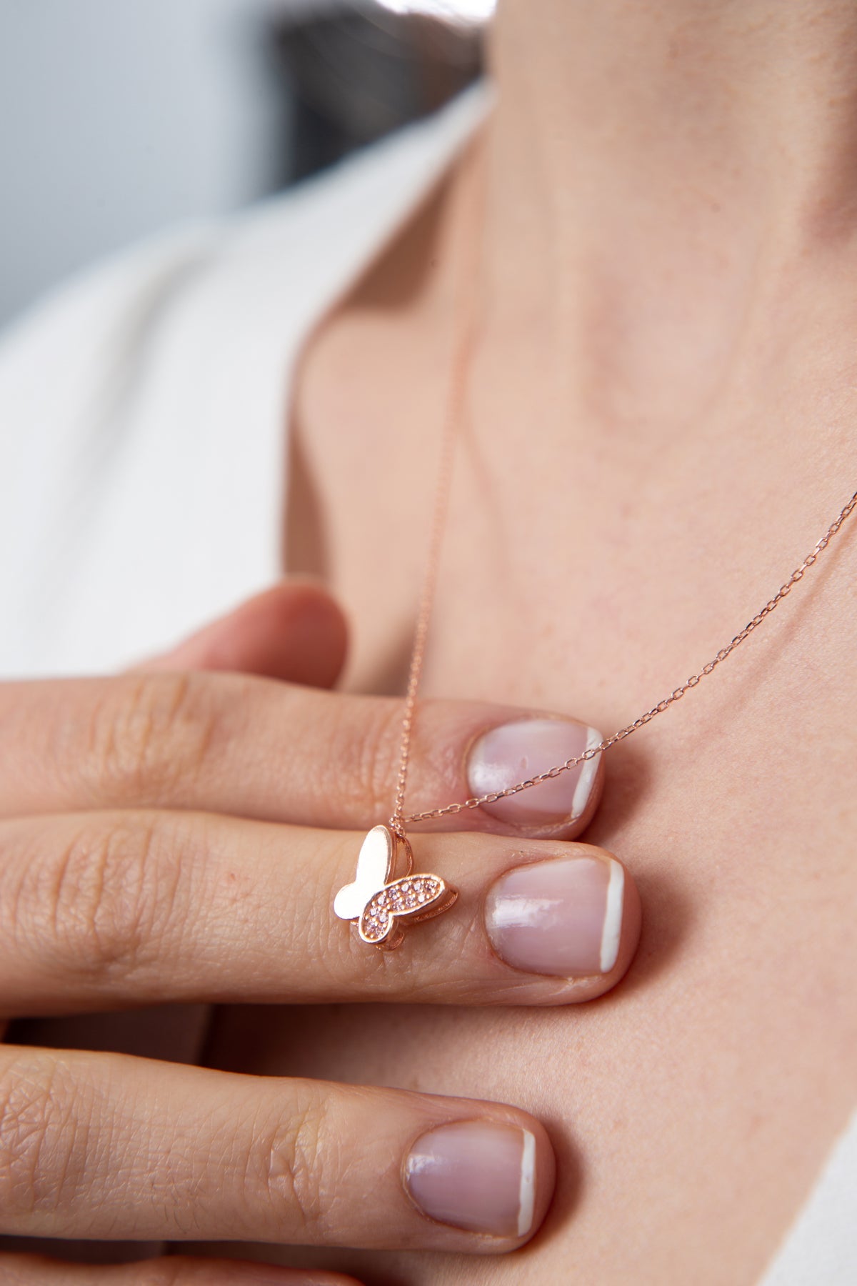 Wholesale Women's 925 Sterling Silver Butterfly Necklace with Pink Stone Detail