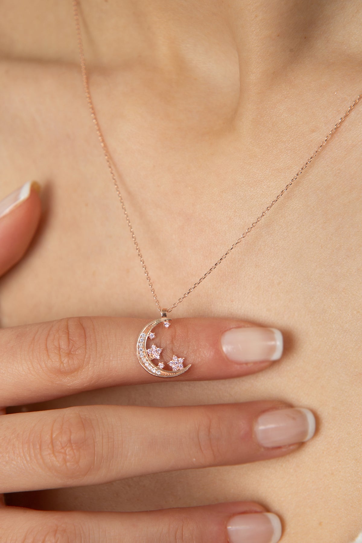 Wholesale Women's 925 Sterling Silver Stone Moon and Star Necklace