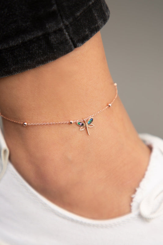 Wholesale Women's 925 Sterling Silver Dragonfly Anklet with Pink Coating, Ball Chain Detail, and Stone Detail