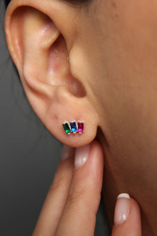 Wholesale Women's Colorful Baguette Stone Minimal Model 925 Sterling Silver Earrings