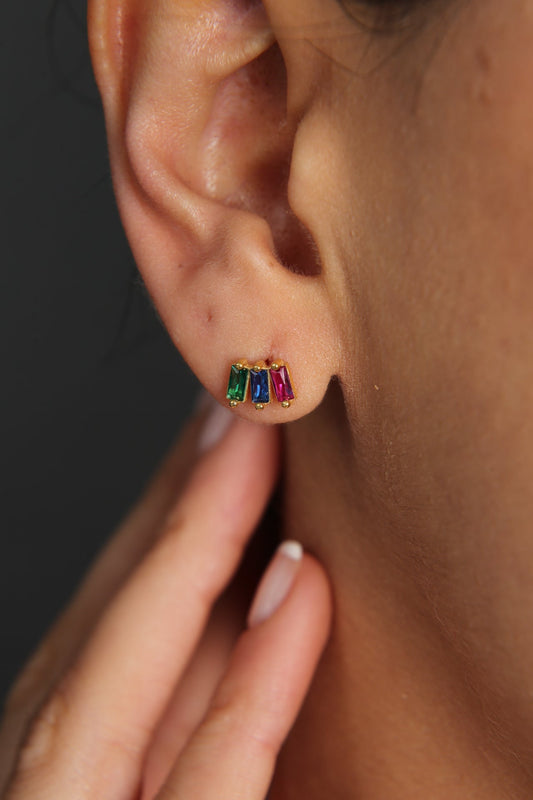 Wholesale Women's Colorful Baguette Stone Minimal Model 925 Sterling Silver Earrings