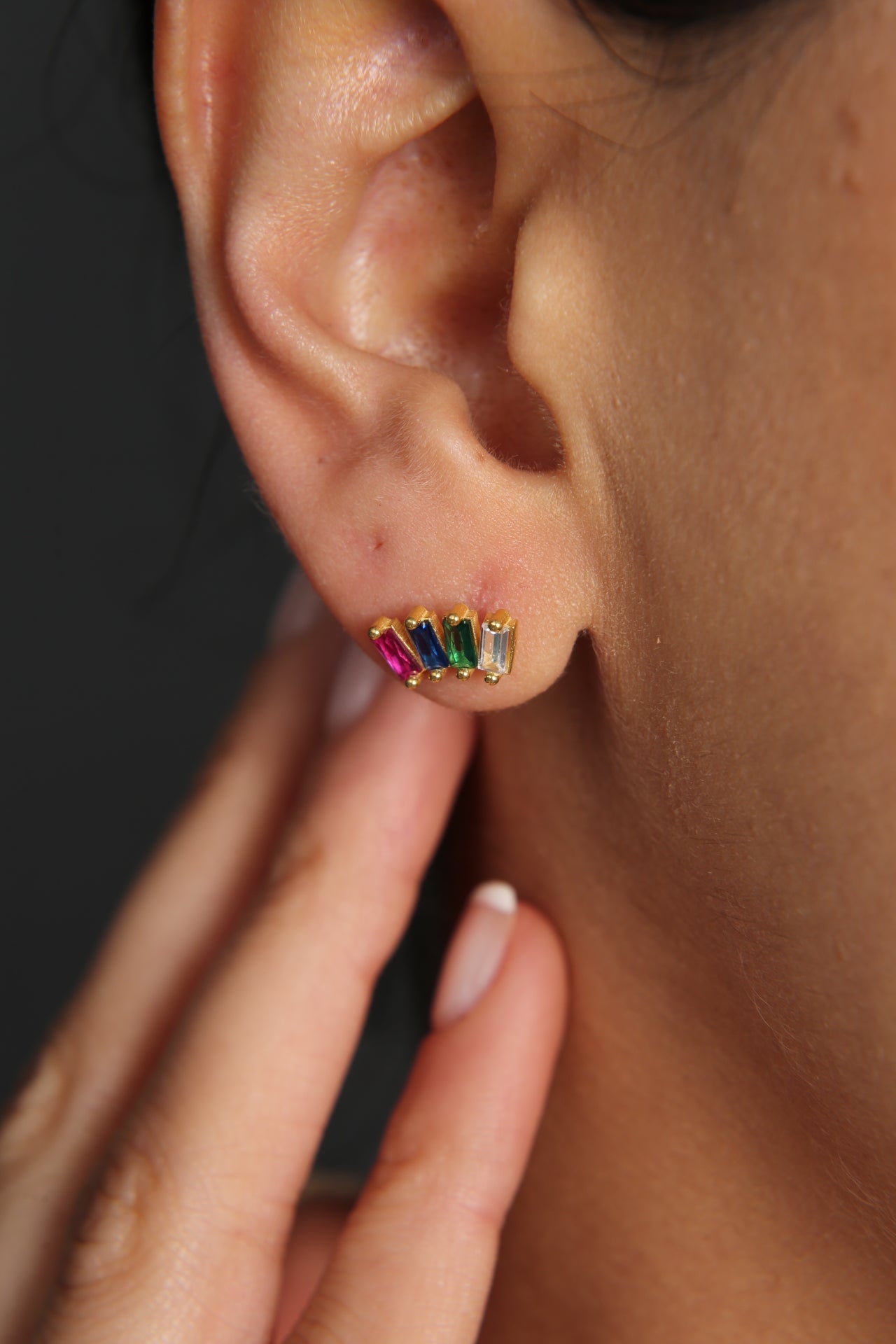 Wholesale Women's Colorful Baguette Stone Minimal Model 925 Sterling Silver Earrings