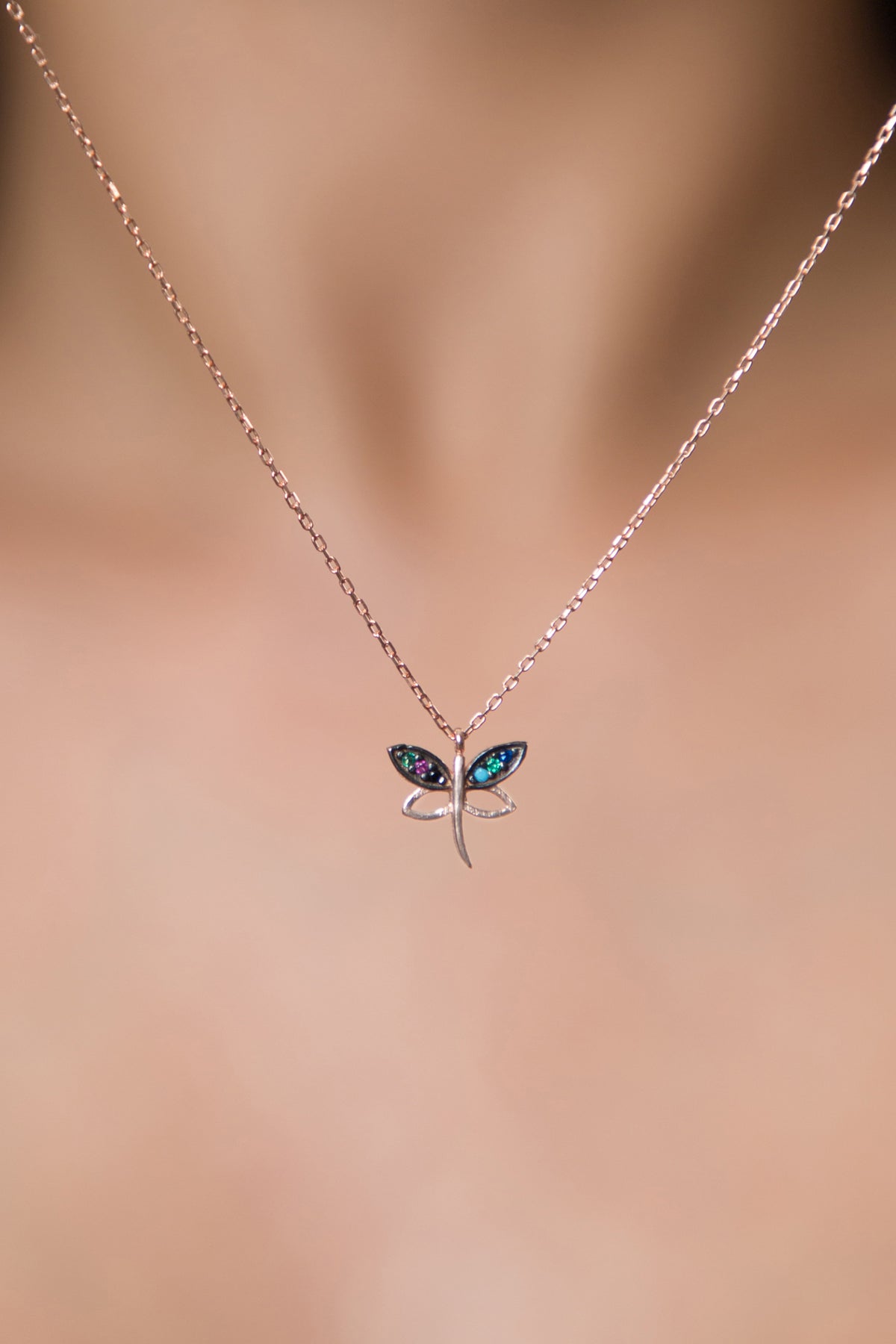 Wholesale Women's Dragonfly Model Mix Stone Rose Plated 925 Sterling Silver Necklace