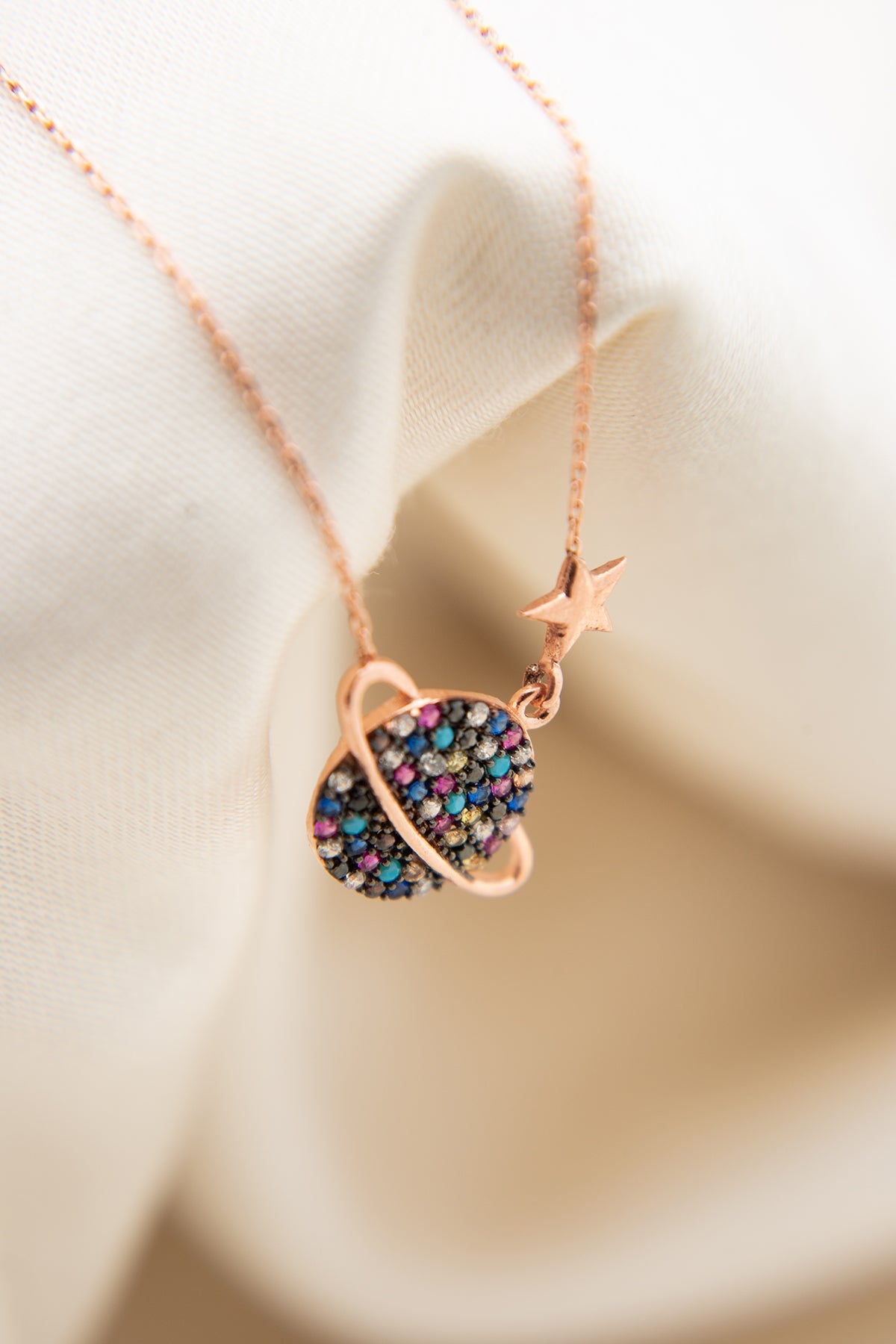 Wholesale Women's 925 Sterling Silver Rose Gold-Plated Planet Necklace with Colorful Stones