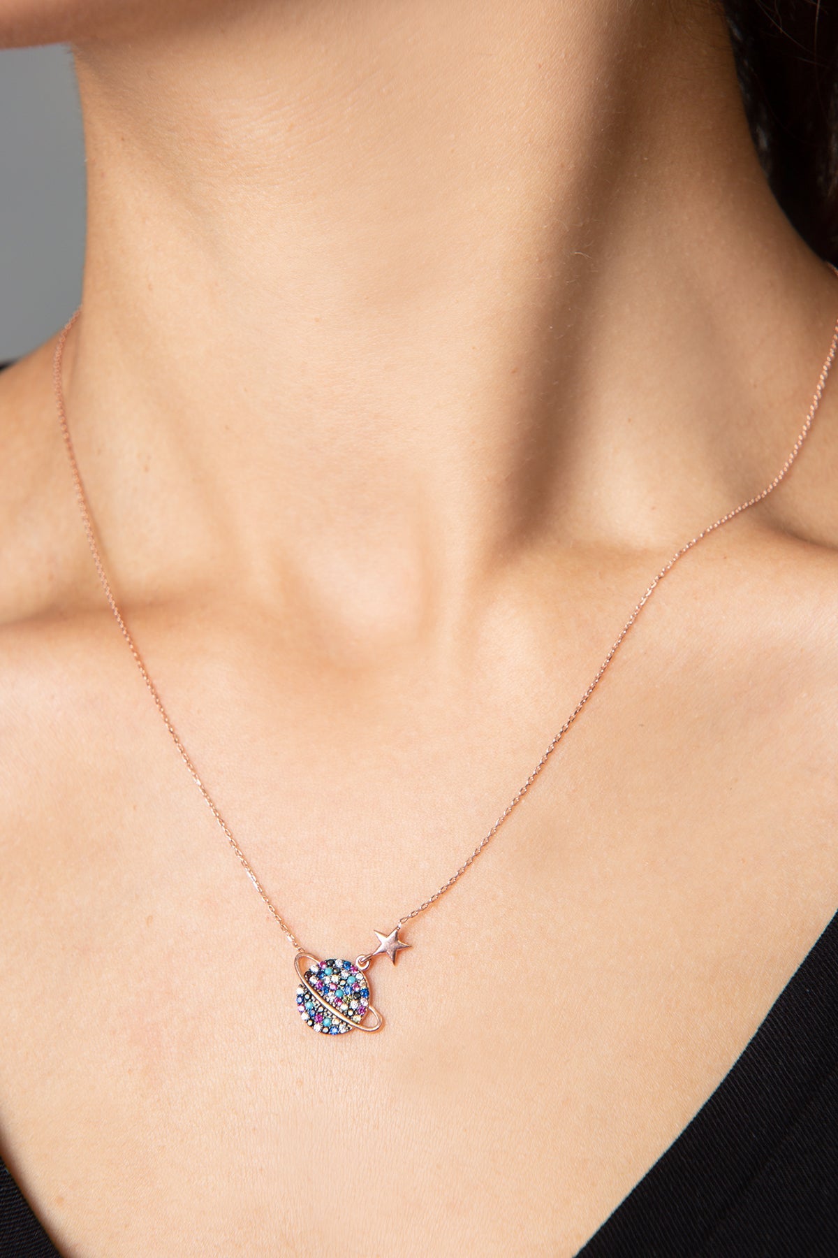 Wholesale Women's 925 Sterling Silver Rose Gold-Plated Planet Necklace with Colorful Stones